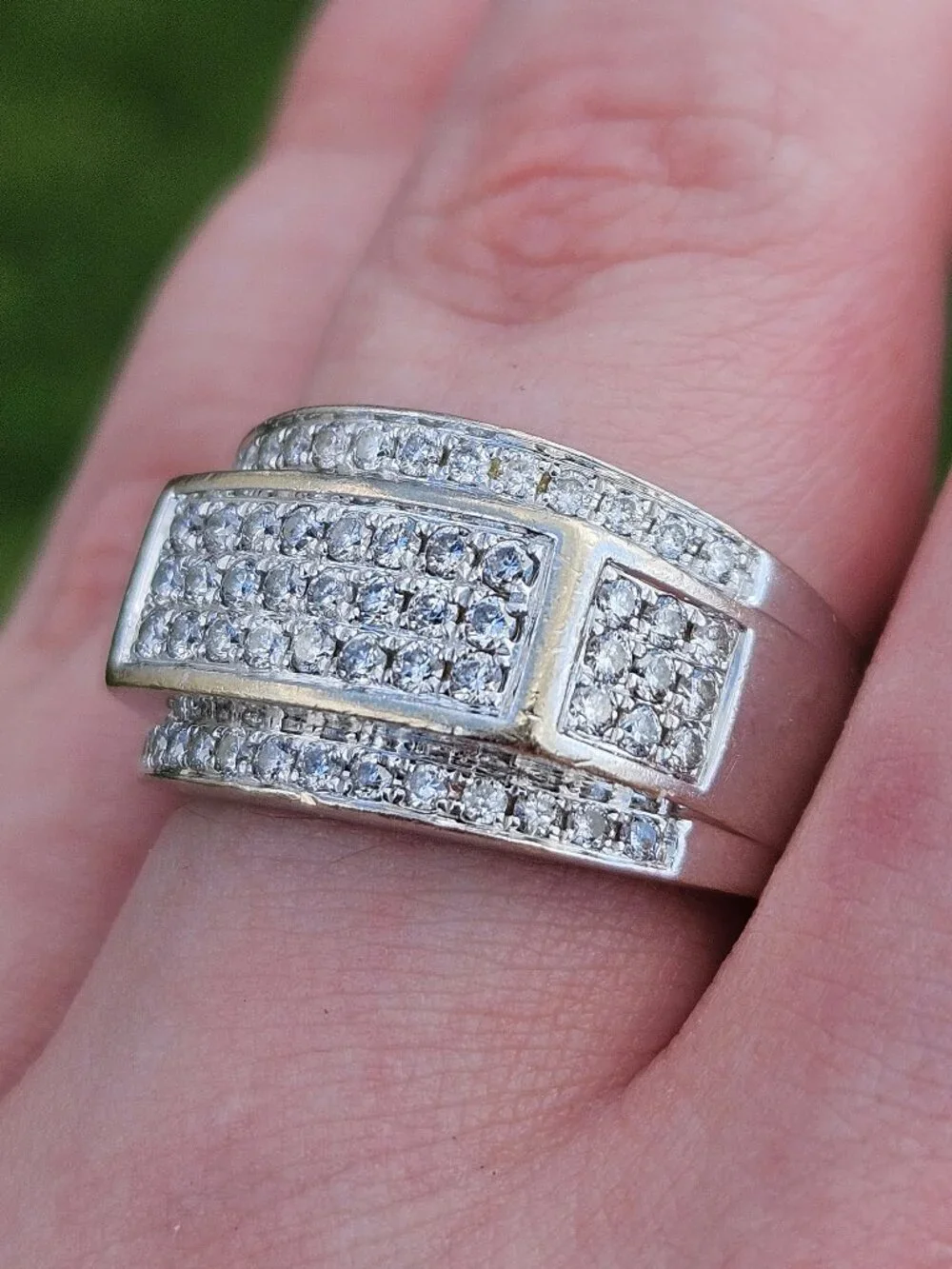 10K White Gold Pave Round Cut Diamond Wide Band Cocktail Ring 12mm Size 8